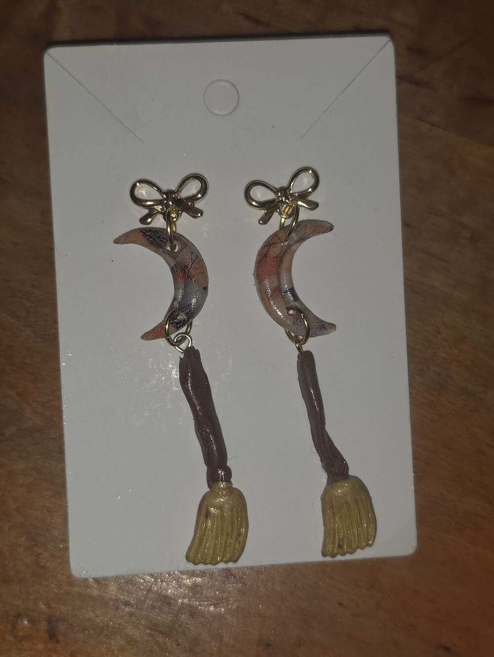 Little Polymer Clay Moon Earrings W Small Broom Dangling W Gold Toned Bow Stud
